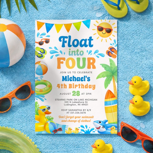 Invitation d'anniversaire 4 ans d'été - Flotter da (Boy 4th Birthday Invitation - Summer Beach Pool Party - Float into Four)