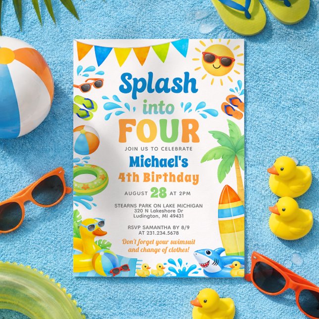 Invitation d'anniversaire 4 ans d'été - Plongez da (Boy 4th Birthday Invitation - Summer Beach Pool Party - Splash into Four)