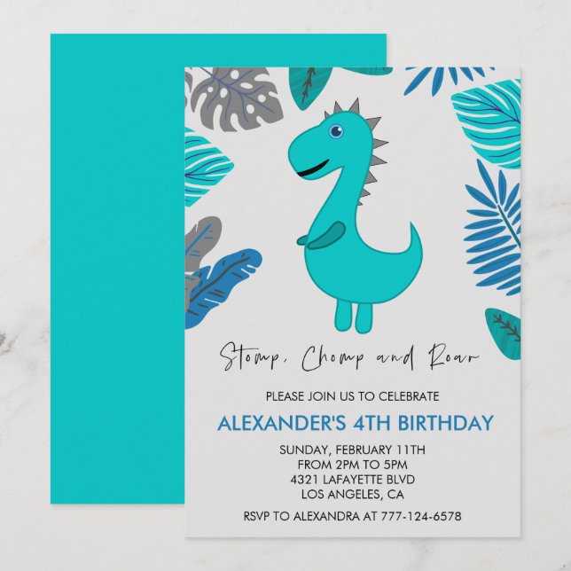 Invitation d'anniversaire 4 ans dinosaure jungle r (Devant / Derrière)