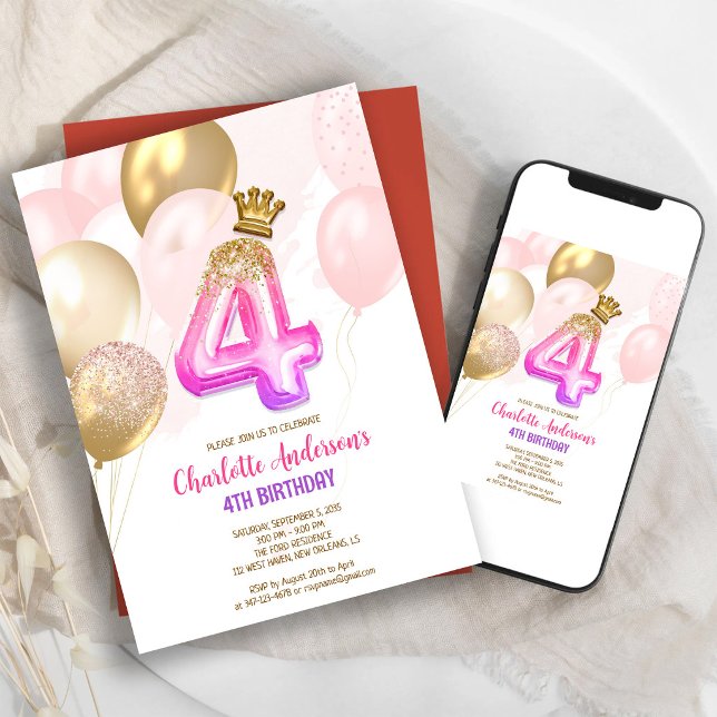 Invitation d'anniversaire 4 ans fille ballon or ro (Créateur téléchargé)
