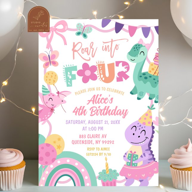 Invitation d'anniversaire 4 ans fille dinosaure pa (Créateur téléchargé)