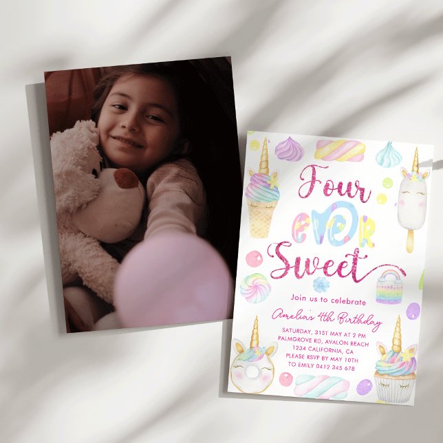 Invitation d'anniversaire 4 ans fille Quatre fois  (Four Ever Sweet Girl 4th Birthday Unicorn Sweets Watercolor Photo Birthday Invitation)