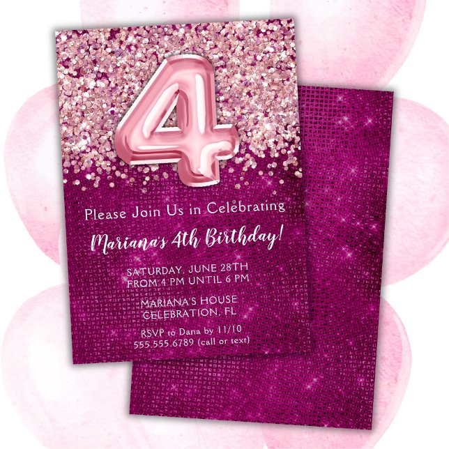 Invitation d'anniversaire 4 ans fille rose magenta (Créateur téléchargé)