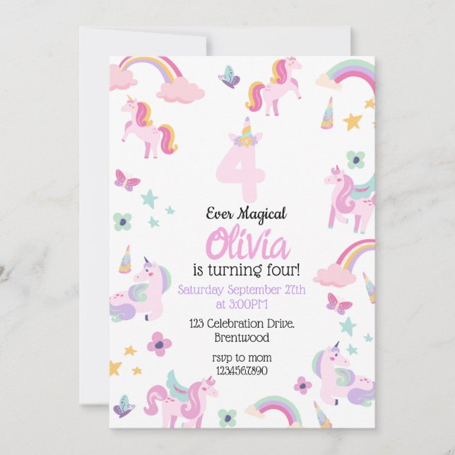 Invitation d'anniversaire 4 ans Licorne (Devant)