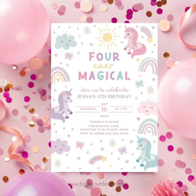 Invitation d'anniversaire 4 ans Licorne. Arc-en-ci (Unicorn 4th Birthday Invitation)