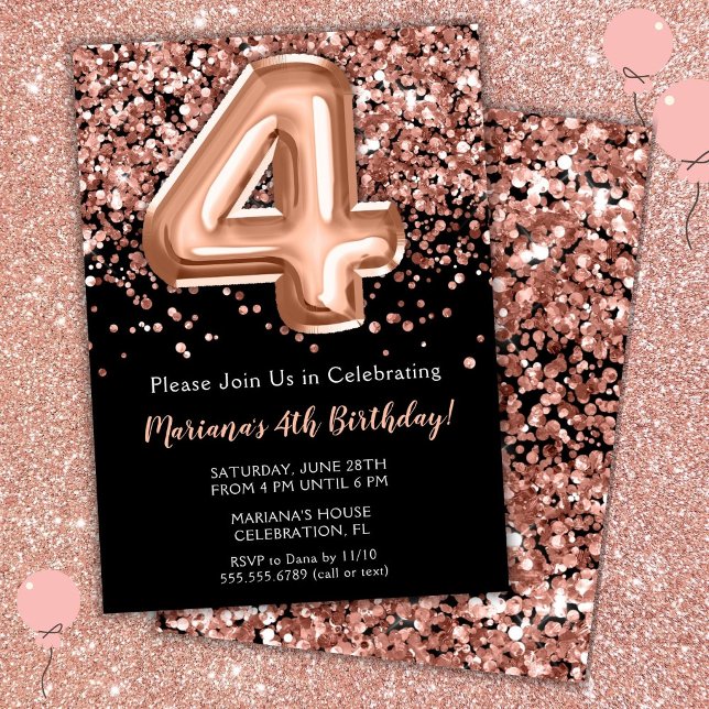 Invitation d'anniversaire 4 ans Noir Rose Or Paill (Créateur téléchargé)