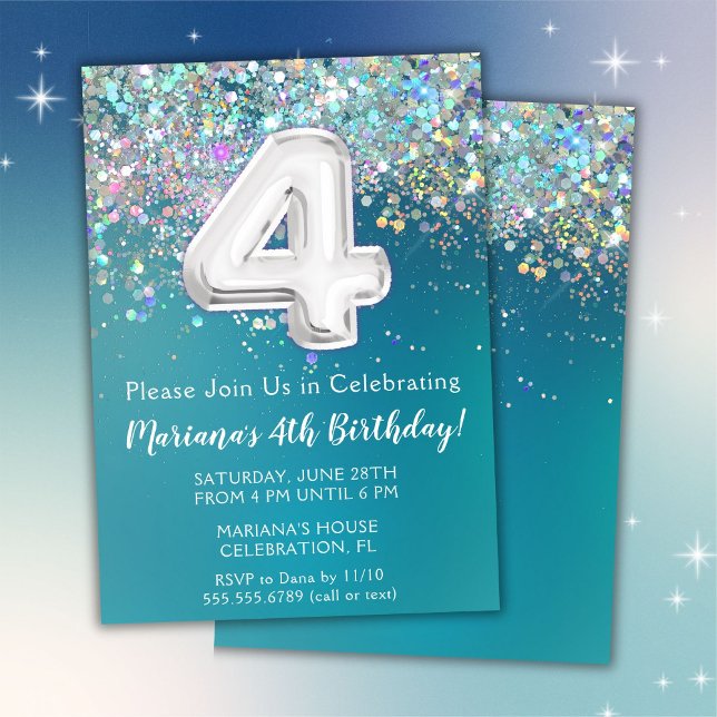 Invitation d'anniversaire 4 ans Paillettes Turquoi (Créateur téléchargé)
