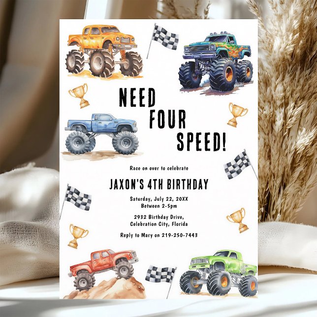 Invitation d'anniversaire 4 ans pour camions monst (Créateur téléchargé)