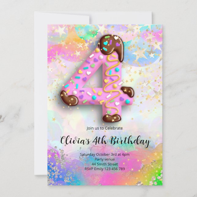 Invitation d'anniversaire 4 ans pour filles (Devant)