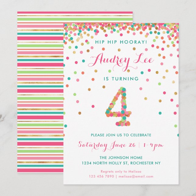 Invitation d'anniversaire 4 ans pour filles  fête  (Devant / Derrière)