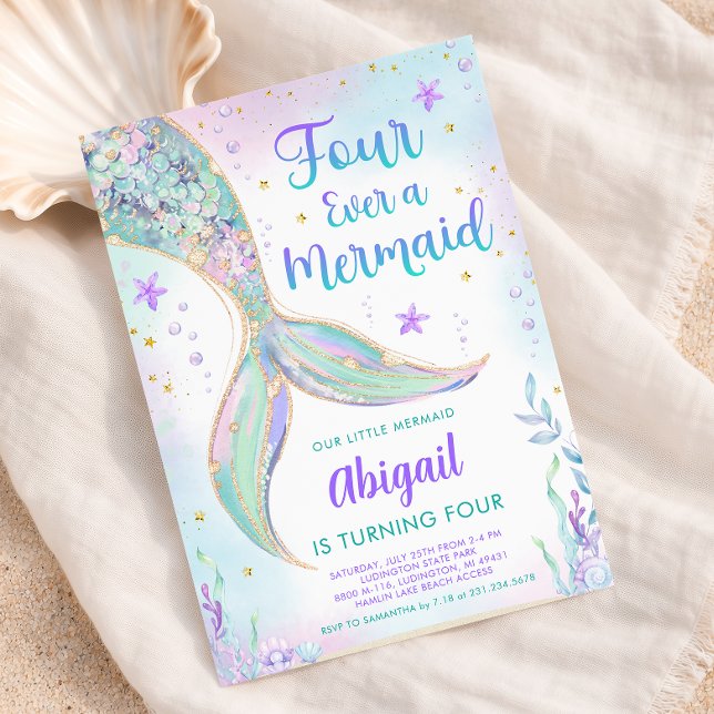 Invitation d'anniversaire 4 ans Sirène (Mermaid 4th Birthday Party Invitation - Pastel Mermaid Tail Invite)