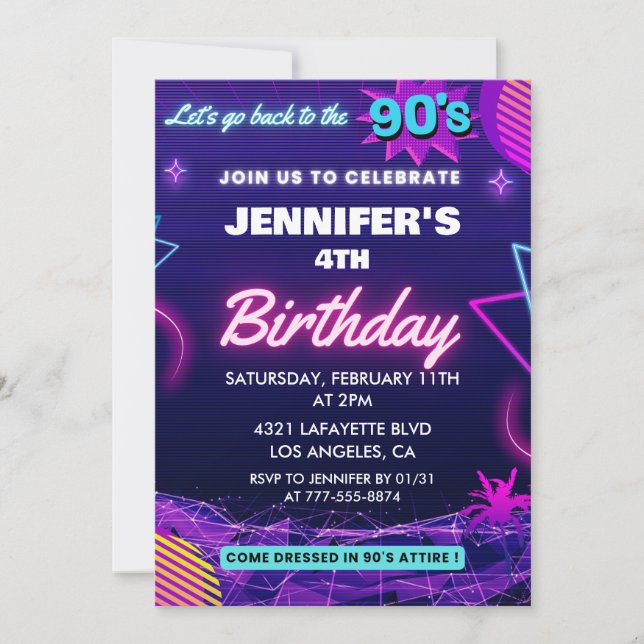 Invitation d'anniversaire 4 ans thème rétro 90s (Devant)