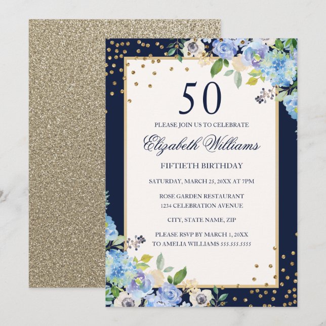 Invitation d'anniversaire 50 ans à fleurs Gold Blu (Devant / Derrière)