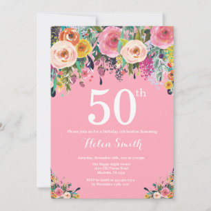 Invitation d'anniversaire 50 ans à fleurs roses
