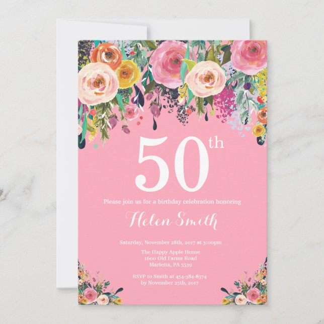 Invitation d'anniversaire 50 ans à fleurs roses (Devant)