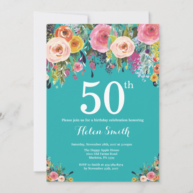 Invitation d'anniversaire 50 ans à fleurs sarcelle (Devant)