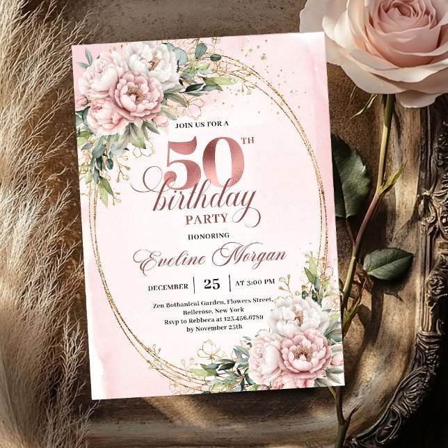 Invitation d'anniversaire 50 ans aquarelle rose dé (Delicate Blush Watercolor 50th Birthday Invitation)