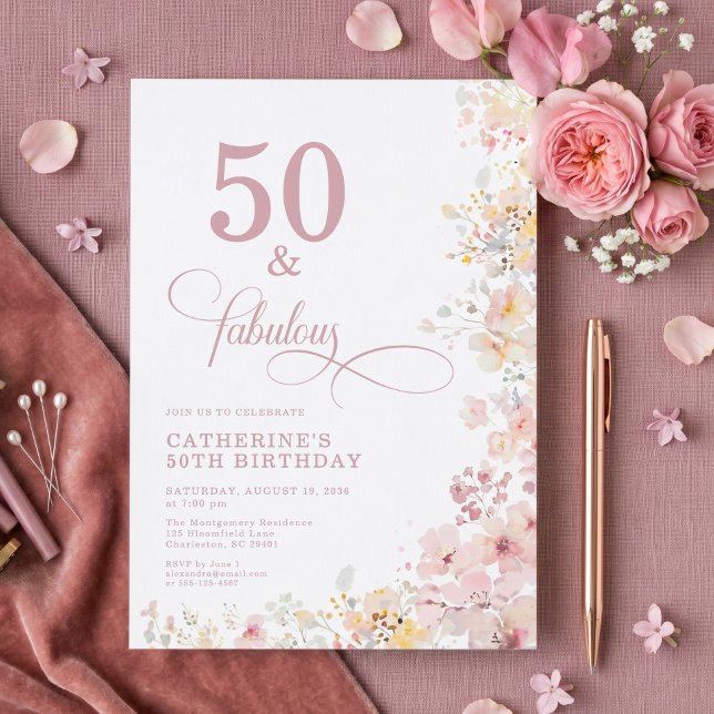 Invitation d'anniversaire 50 ans aquarelle rose te (Créateur téléchargé)