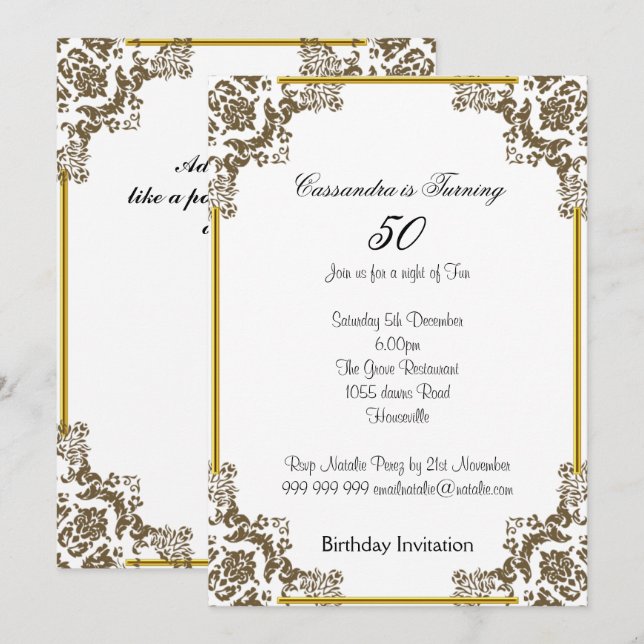 Invitation d'anniversaire 50 ans Art Déco Blanc (Devant / Derrière)