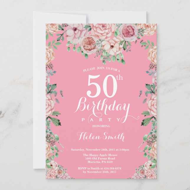 Invitation d'anniversaire 50 ans aux pivoines rose (Devant)