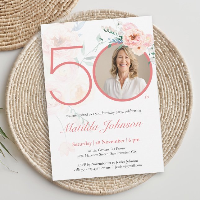 Invitation d'anniversaire 50 ans avec photo floral (Pink Floral Photo 50th Birthday Invitation)