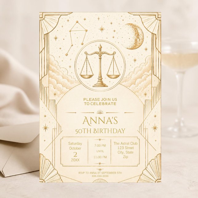 Invitation d'anniversaire 50 ans Balance | Élégant (Elegant Libra 50th birthday invitation with luxurious gold and cream Art Deco celestial design.)