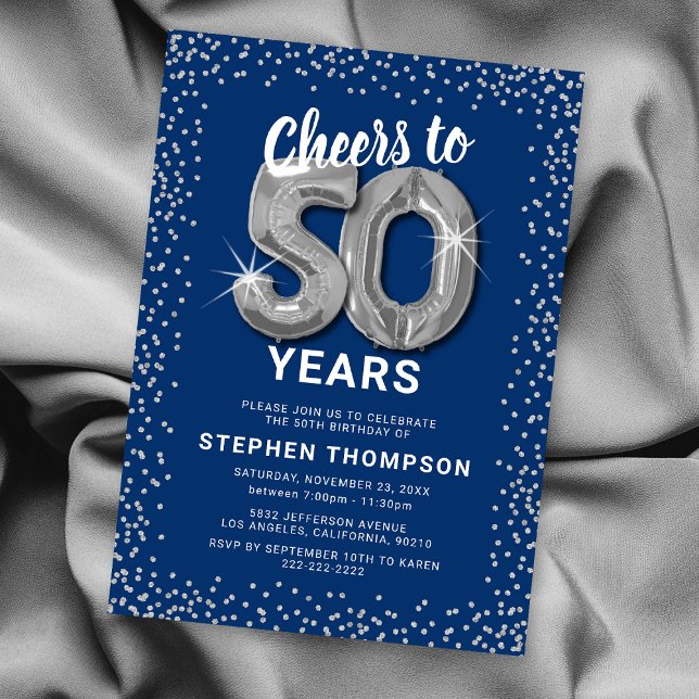 Invitation d'anniversaire 50 ans Bleu & Argent (Créateur téléchargé)