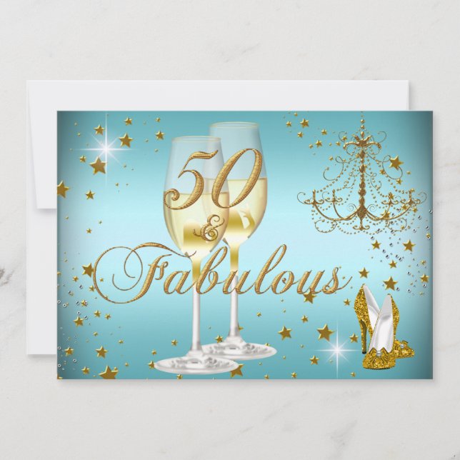 Invitation d'anniversaire 50 ans Bleu Or Étincelle (Devant)