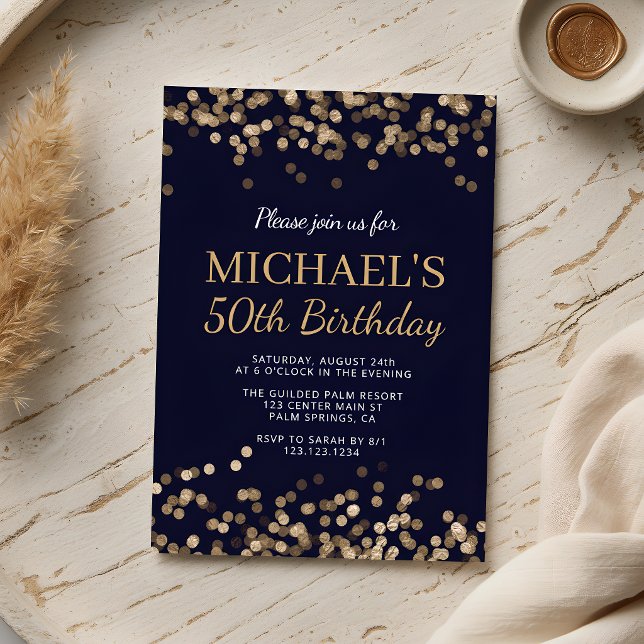 Invitation d'anniversaire 50 ans Bleu Or pour Lui (Créateur téléchargé)