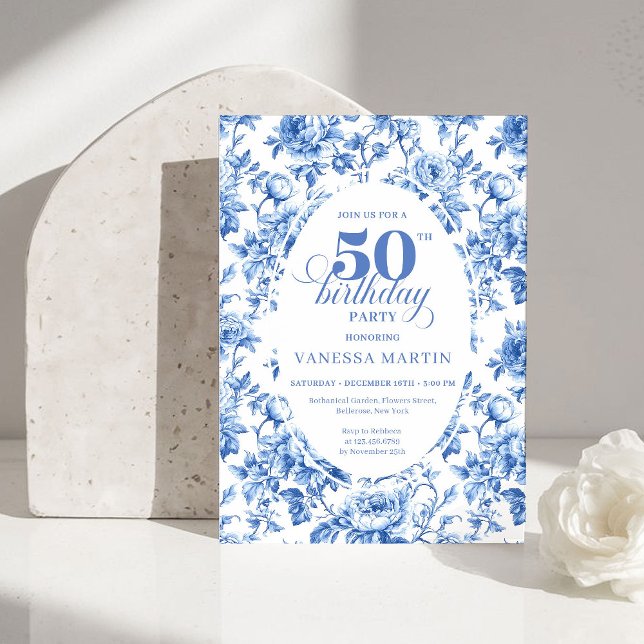 Invitation d'anniversaire 50 ans Chic Royal Blue T (Chic Royal Blue Toile de Jouy 50th Birthday Invite)