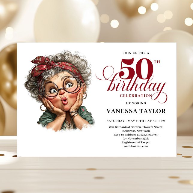 Invitation d'anniversaire 50 ans drôle rétro pour  (Retro funny lady turning 50 birthday invitation)