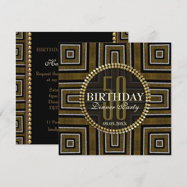 Invitation d'anniversaire 50 ans en bronze doré Ar (Devant / Derrière)