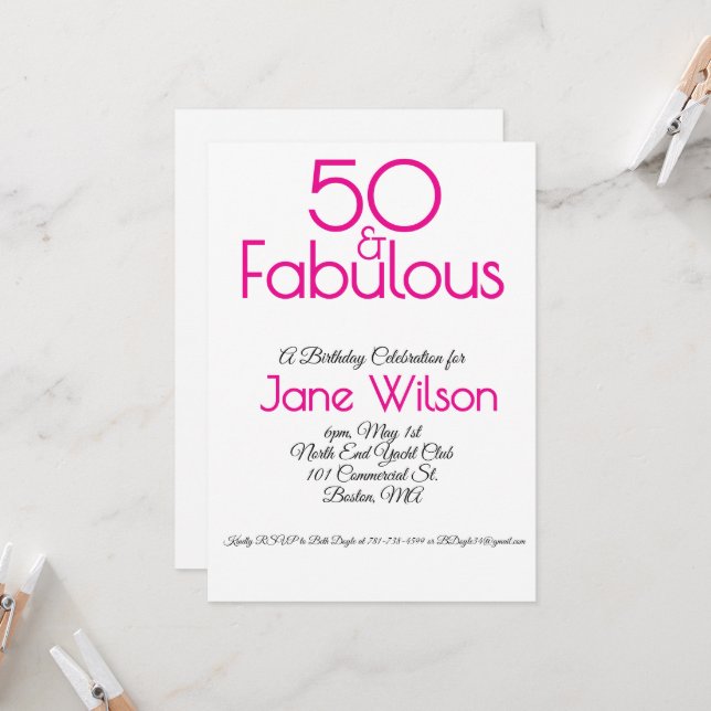 Invitation d'anniversaire 50 ans en rose et blanc  (Devant/Arrière en situation)