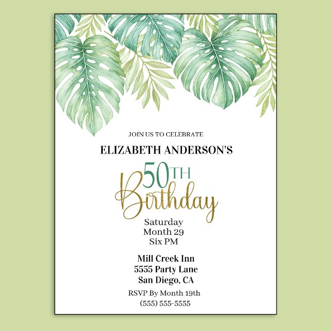 Invitation d'anniversaire 50 ans Feuilles Tropical (Watercolor Tropical Leaves 50th Birthday Invitation.)