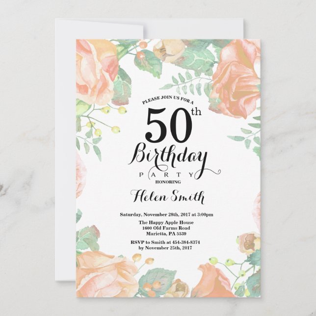 Invitation d'anniversaire 50 ans Fleur de Pêche Bo (Devant)