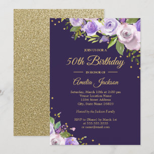 Invitation d'anniversaire 50 ans Fleur Gold Purple