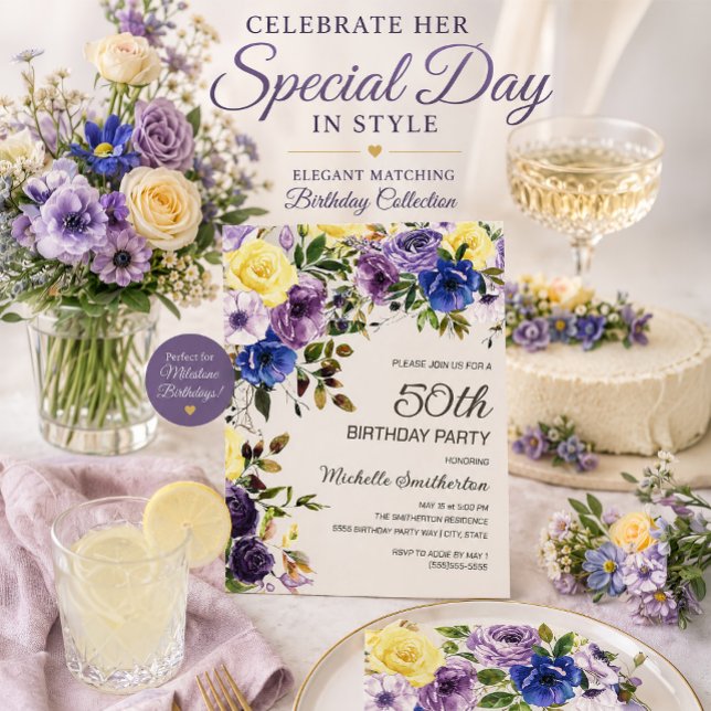 Invitation d'anniversaire 50 ans Fleurie Aquarelle (Purple and yellow watercolor floral 50th birthday party invitation)
