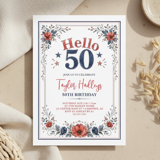 Invitation d'anniversaire 50 ans florale rouge bla (Créateur téléchargé)
