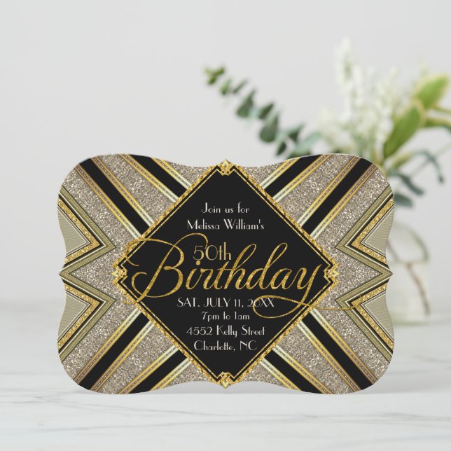 Invitation d'anniversaire 50 ans Gatsby noir et or (Debout devant)