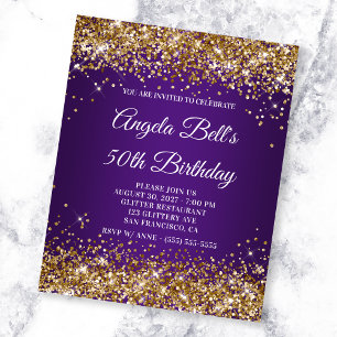 Invitation d'anniversaire 50 ans Glitter Or Royal