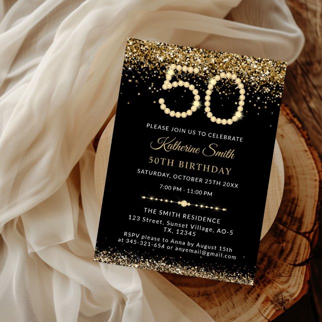 Invitation d'anniversaire 50 ans Gold Glitter Diam (Gold Glitter Diamonds 50th Birthday Party Invitation)