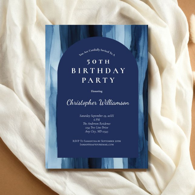 Invitation d'anniversaire 50 ans homme moderne arc (Blue Abstract Modern Watercolor 50th Birthday invitation for him. Printed or Digital)