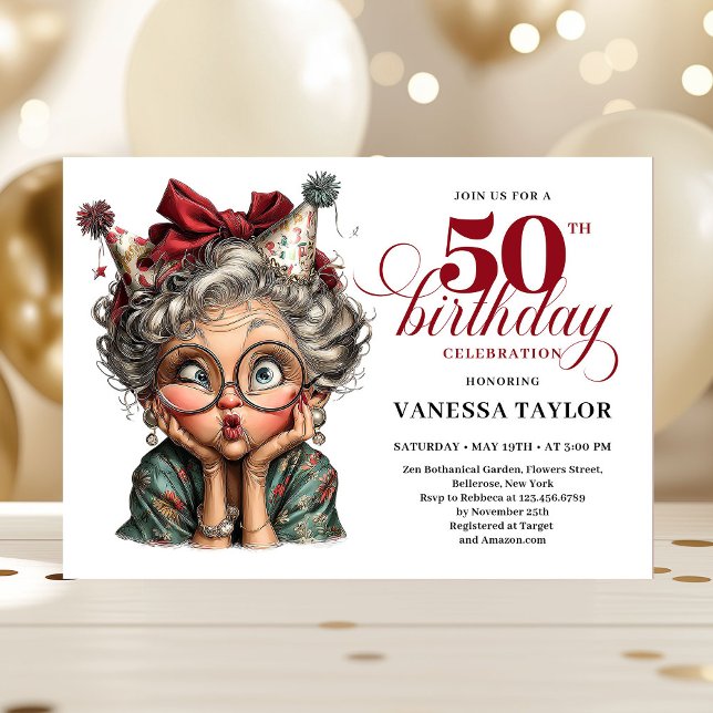 Invitation d'anniversaire 50 ans humoristique et d (Joyful Funny Lady 50th Birthday Cartoon Humor Invitation)