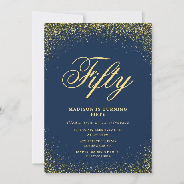 Invitation d'anniversaire 50 ans moderne or paille (Devant)