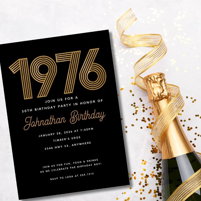 Invitation d'anniversaire 50 ans Noir et Or Faux 1 (1976 Black and Faux Gold 50th Birthday Invitation)