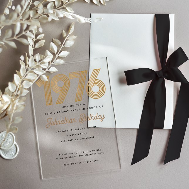Invitation d'anniversaire 50 ans noir et or faux 1 (1976 Black and Faux Gold 50th Acrylic Birthday Invitation)