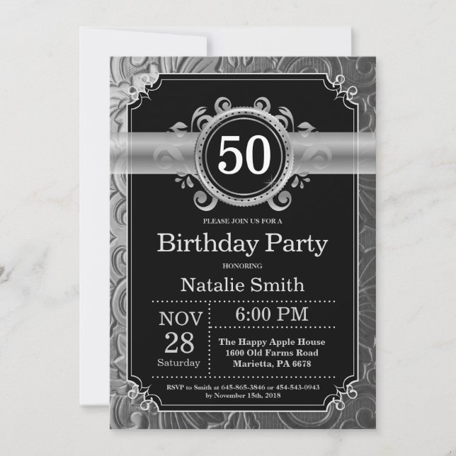 Invitation d'anniversaire 50 ans noir et paillette (Devant)
