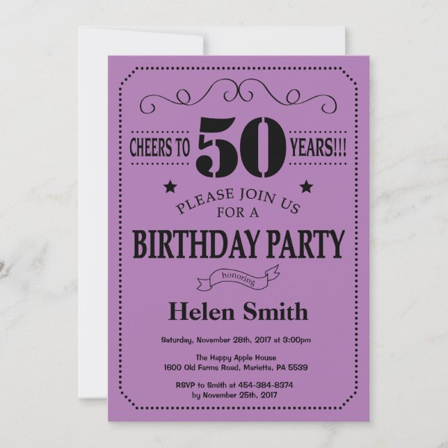 Invitation d'anniversaire 50 ans Noir et Violet (Devant)