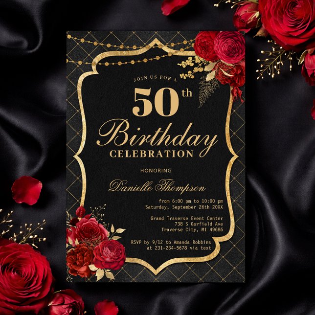 Invitation d'anniversaire 50 ans Noir, Rouge & Or (Black, Red & Gold 50th Birthday Invitation with Roses)