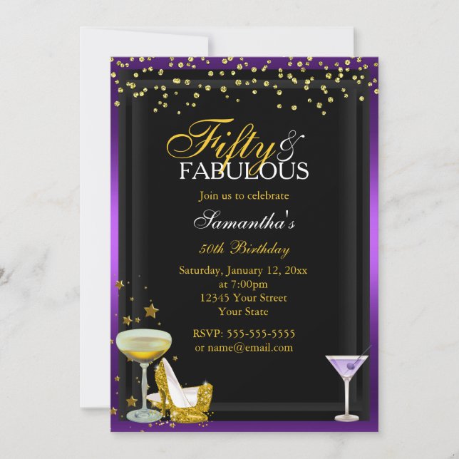 Invitation d'anniversaire 50 ans or et violet Fabu (Devant)